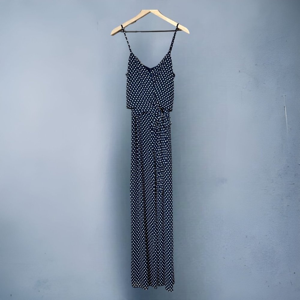 Michael Kors Spaghetti Strap Navy Blue Polka Dot Wrap Top Wide Leg Jumpsuit